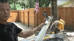 Man with tape measure and speed square describing how to cut crown molding flat Man with tape measure and speed square describing how to cut crown molding flat